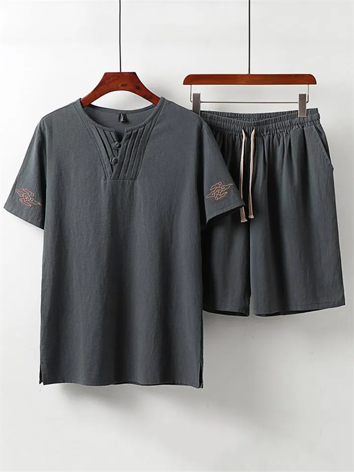 Casual Style Soft 2-Piece Outfit Pleated Detailing T-Shirt   Drawstring Waistband Shorts
