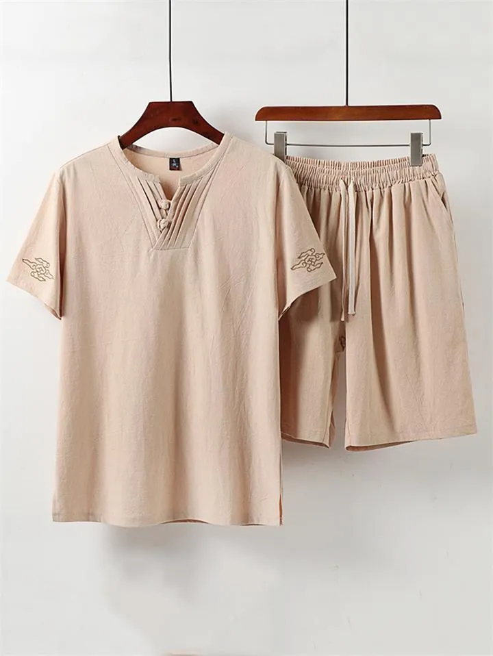 Casual Style Soft 2-Piece Outfit Pleated Detailing T-Shirt   Drawstring Waistband Shorts