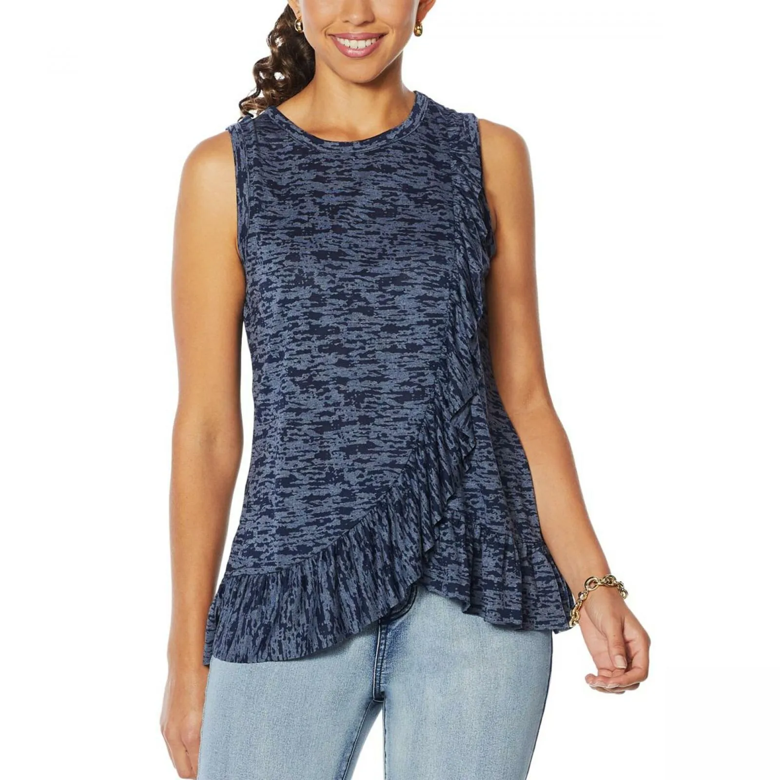 DG2 by Diane Gilman Women's Burnout Ruffle Tank Top Navy Large
