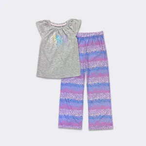 Girls'  2PC Lt. Grey Screened Top with Rainbow AOP  Pajama Set