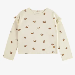 T-shirt crème à manches longues et à motif de chiens en jersey extensible, enfant || Cream long-sleeved t-shirt with dog pattern in stretch jersey, child